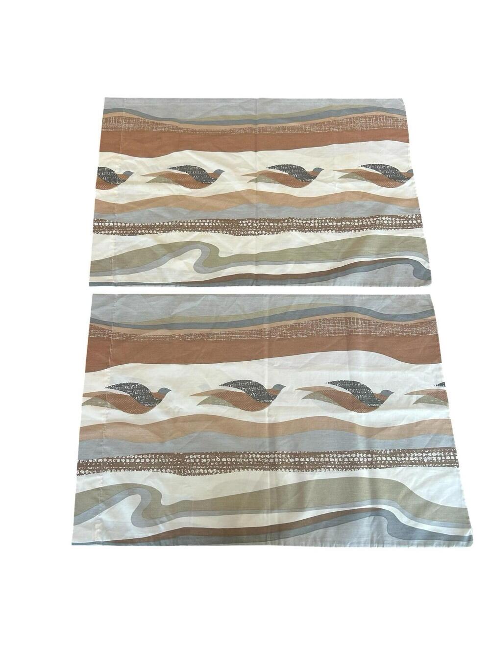 Vintage 1970s MCM Bird Pillowcases Pair Helen Webber Burlington